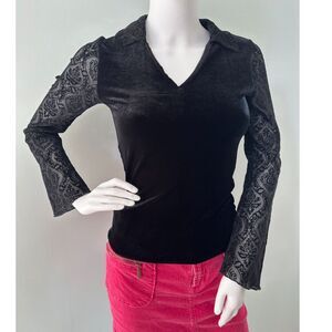 Vintage Y2k Black Velvet Top with Sheer Sleeves Collared V-Neck Long Sleeve XS
